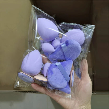 Lavender egg-shaped makeup sponge set in a clear plastic bag.