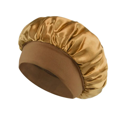 Satin sleeping hair bonnet, wide-brim style in gold with soft elastic band