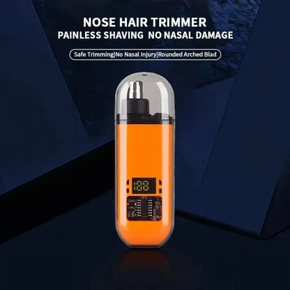 USB rechargeable nose hair trimmer in orange translucent shell with metal trimmer head