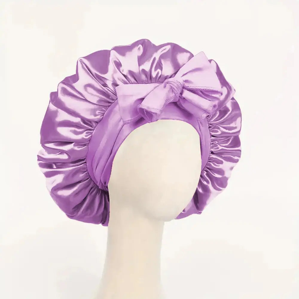 Lavender satin sleep bonnet with ruched crown and tie band