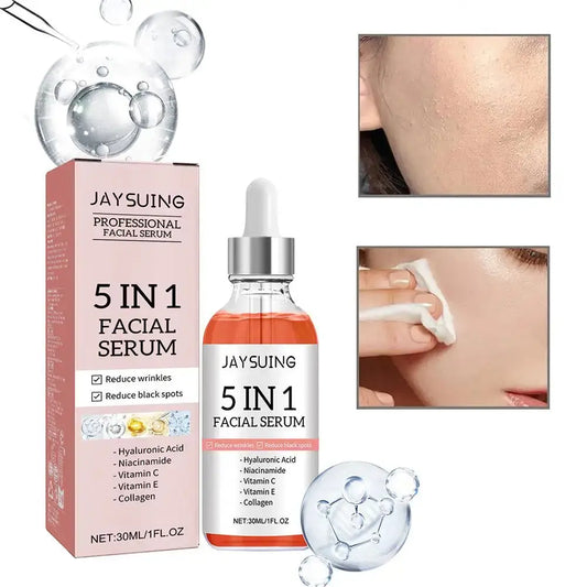 Facial serum bottle with dropper and 5-in-1 box packaging, orange liquid inside.