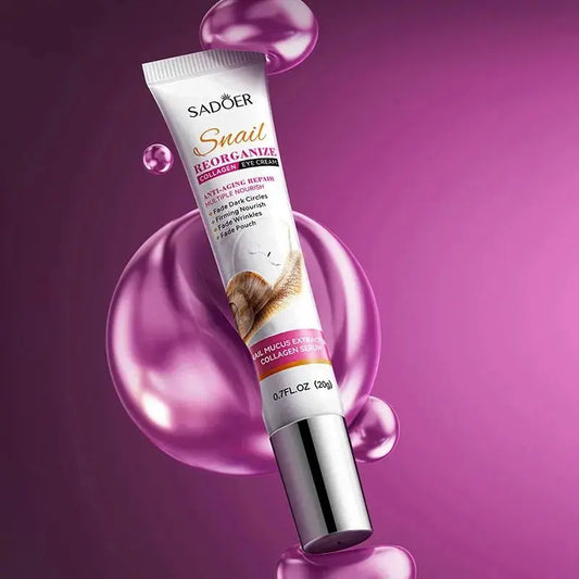 Saoder snail collagen eye cream tube with silver cap and printed label