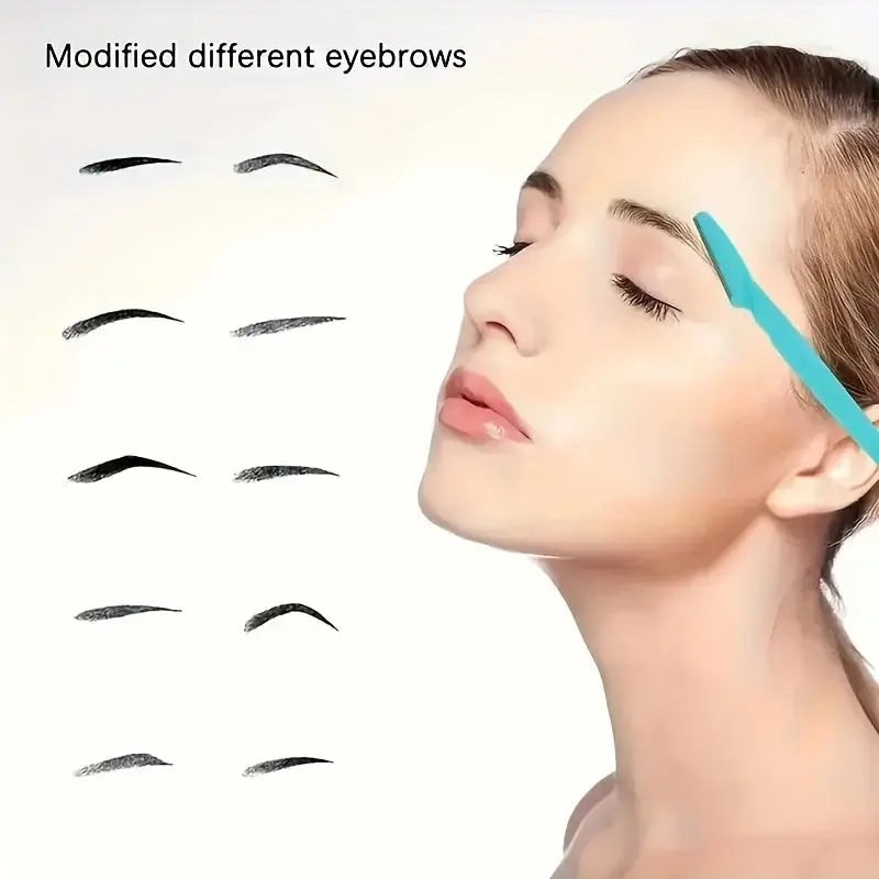 Eyebrow trimming tool near face with shaped eyebrow guide markings