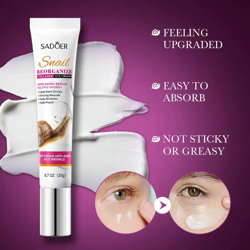 Saoder Snail Collagen Eye Cream tube with silver cap and white cream swatches