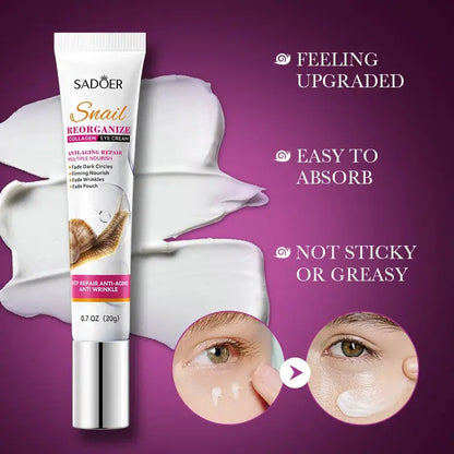 Saoder Snail Collagen Eye Cream tube with silver cap and white cream swatches