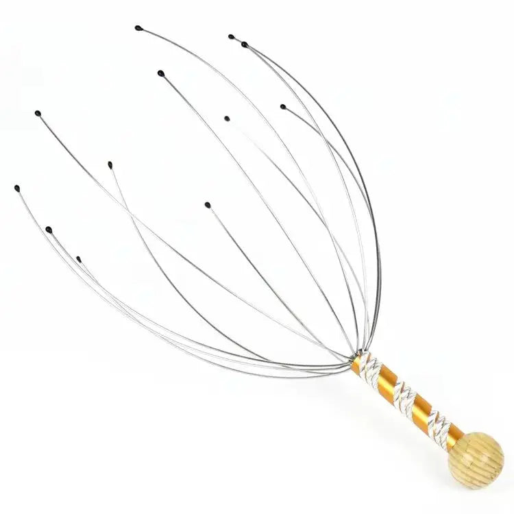 Octopus-style wire tentacle scalp massager with braided handle cord and orange wood end knob