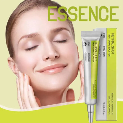 Retinol tightening serum tube and box shown beside a skincare model