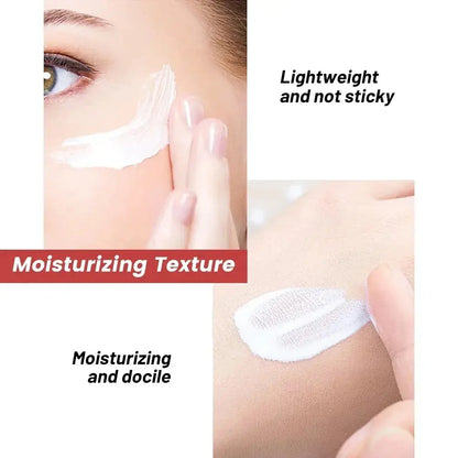 Freckle whitening cream texture swatch on skin, lightweight and non-sticky