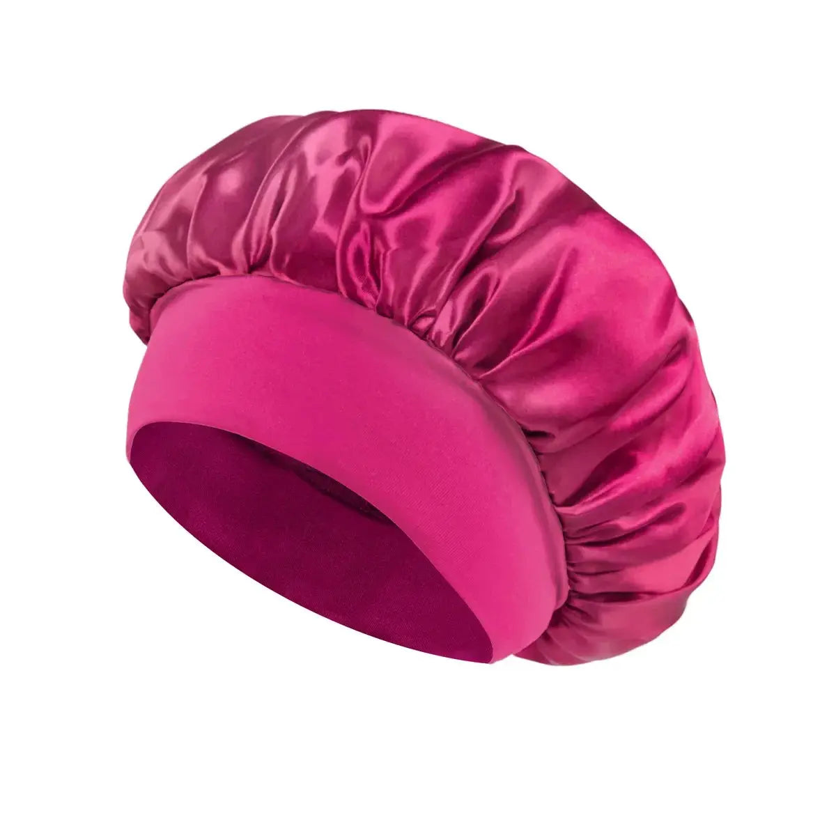 Satin hair bonnet for sleeping, magenta wide-brim style with elastic band.