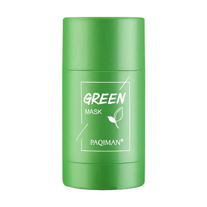 Green tea mask stick container with front label and leaf icon