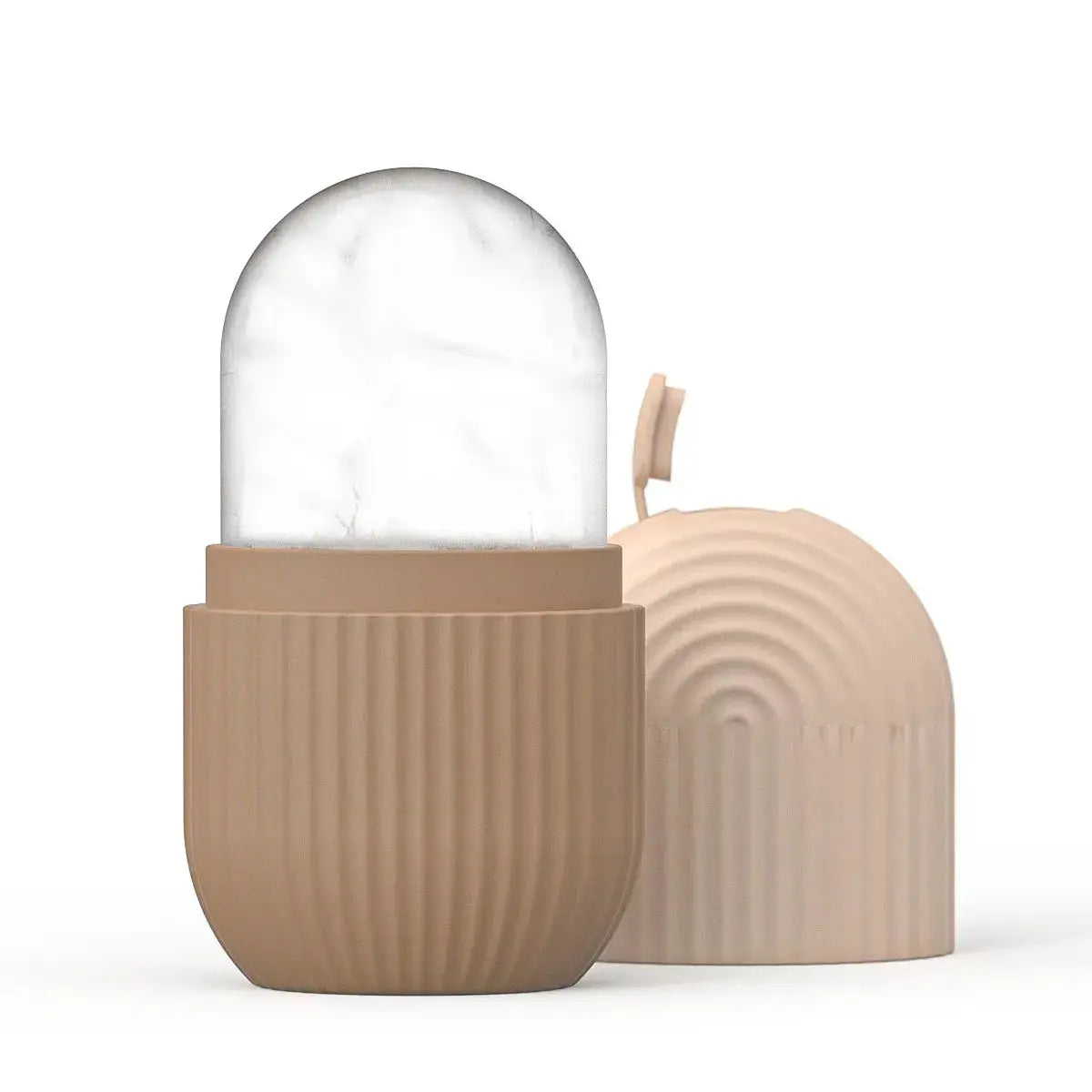 Silicone face ice cube mold set, beige cup with clear ice dome and matching roller