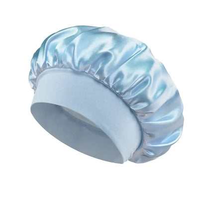 Sky blue satin sleep bonnet with wide brim and elastic band.
