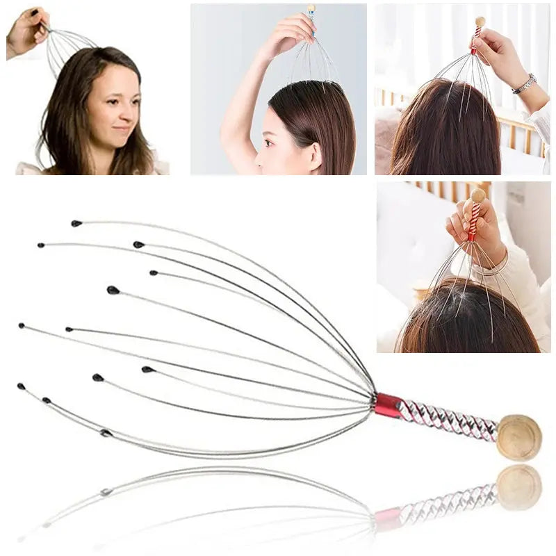 Octopus head scalp massager in use, lifting hair with wire tentacles and wood handle