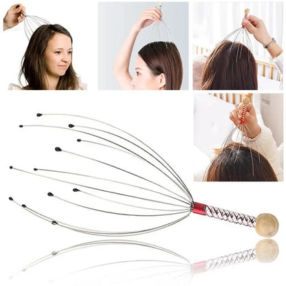 Octopus head scalp massager in use, lifting hair with wire tentacles and wood handle