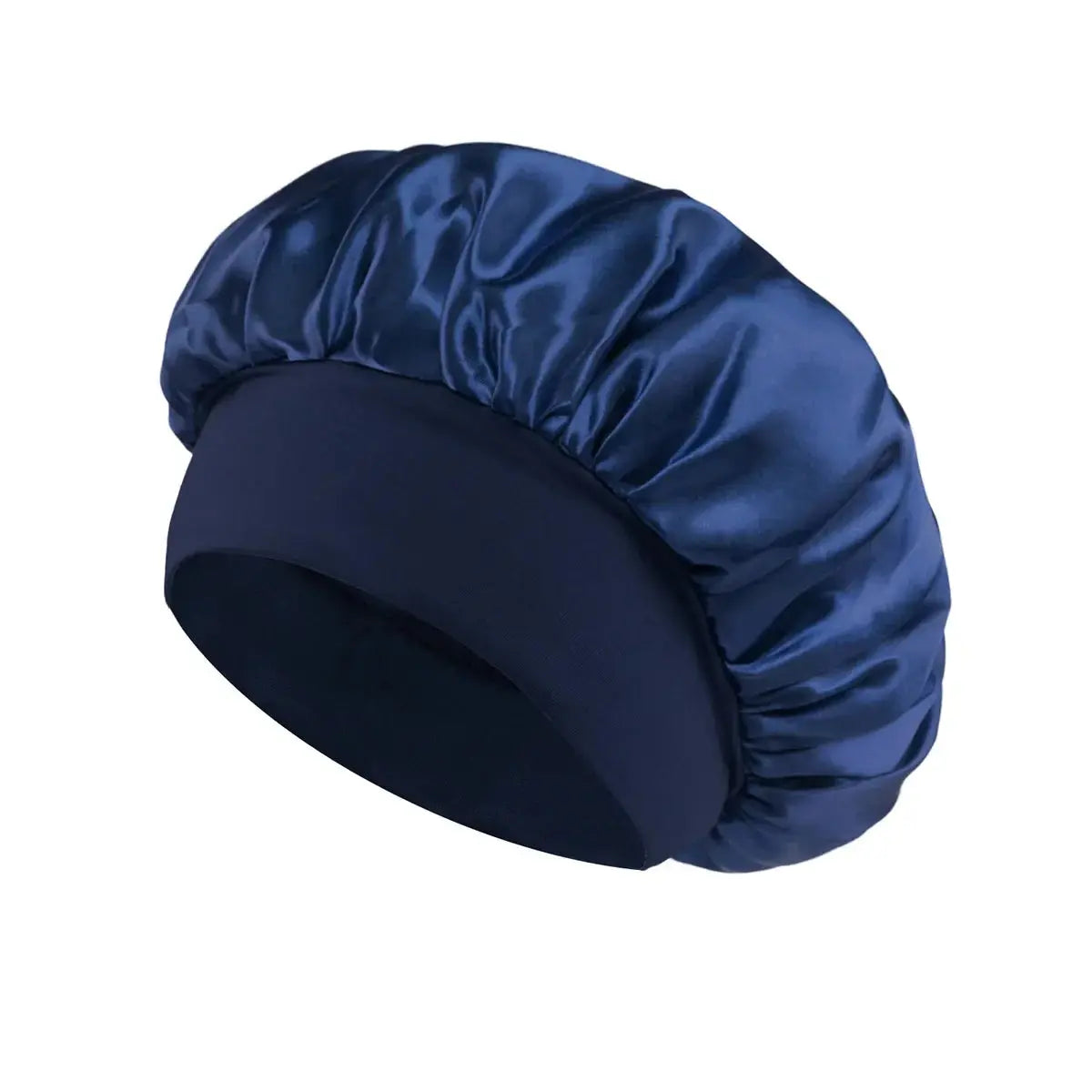Navy satin sleep bonnet with wide brim and gathered crown