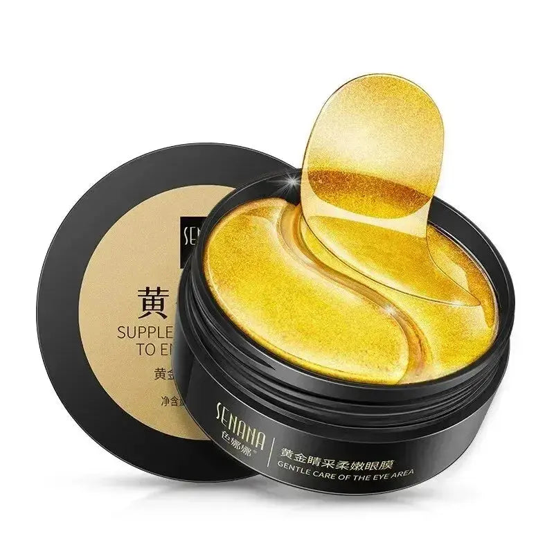 Golden eye mask jar with gold gel pads and black circular container