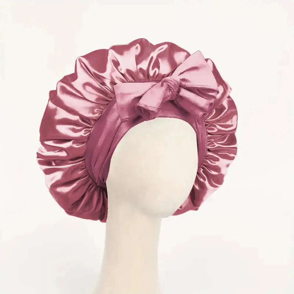 Rose satin silk sleep bonnet with ruched ruffle edge and adjustable tie band