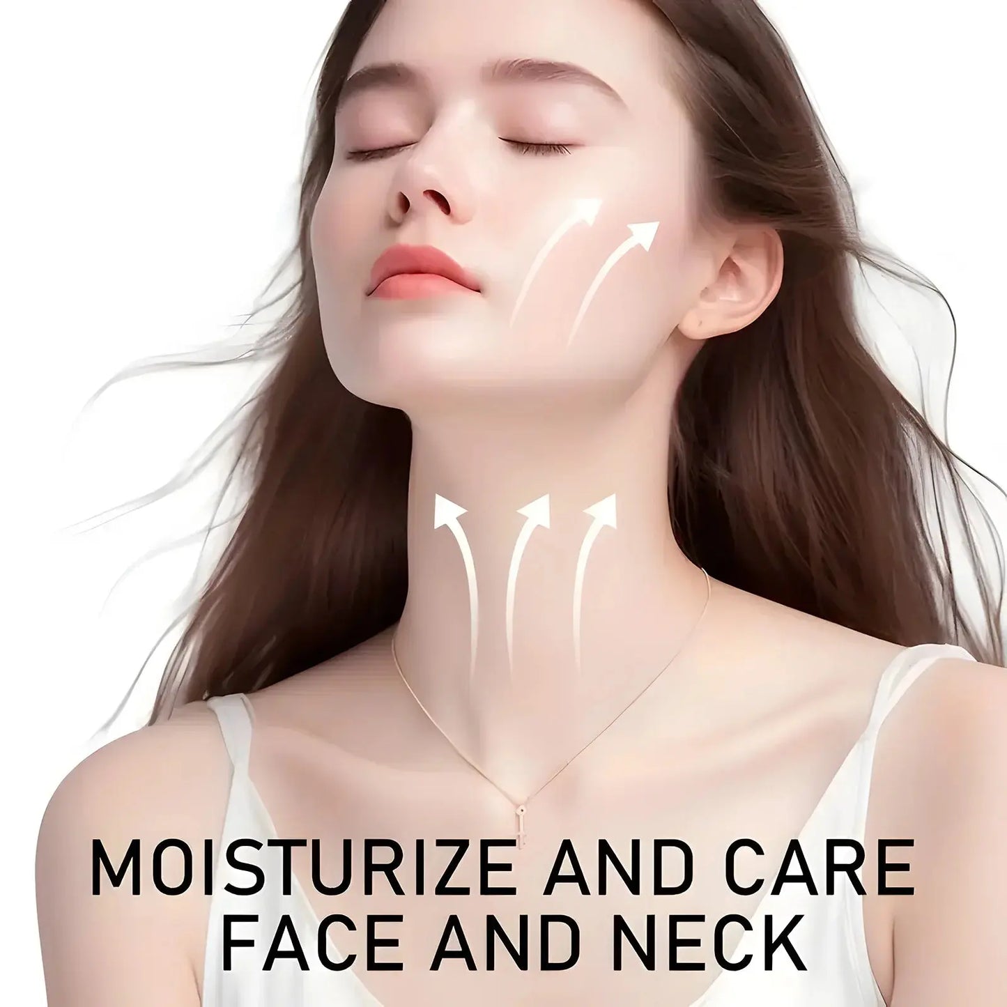 Retinol & Collagen face and neck care stick concept, with smoothing arrows on skin.