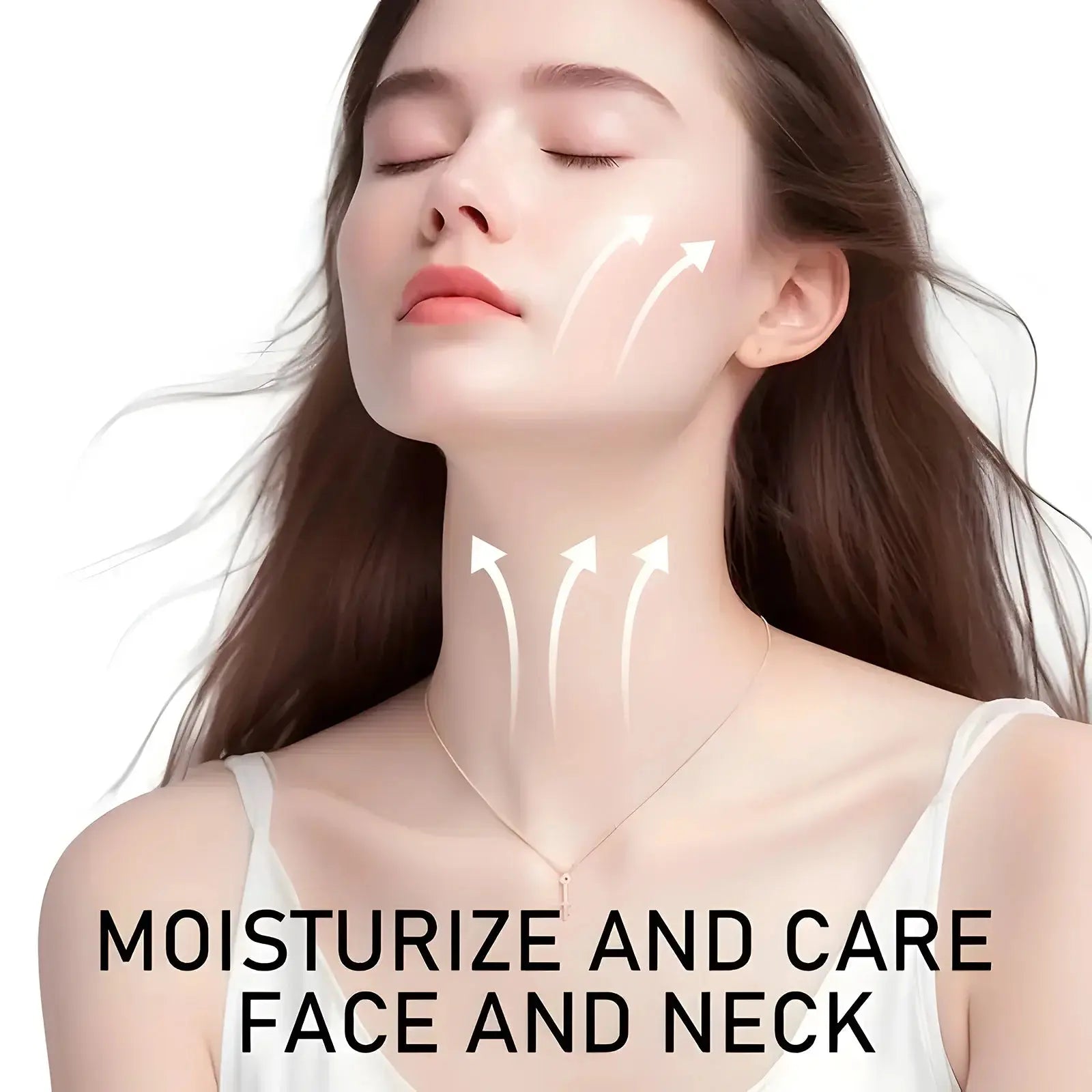 Retinol & Collagen face and neck care stick concept, with smoothing arrows on skin.
