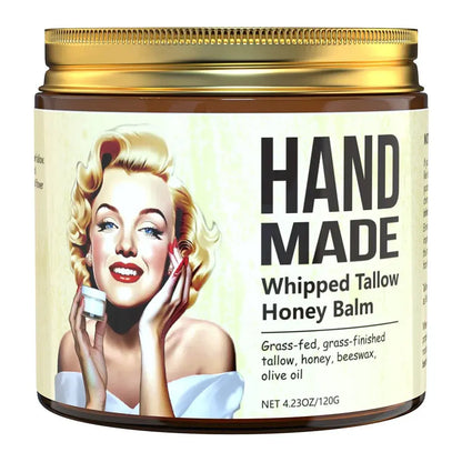 Whipped tallow honey balm jar with gold lid and Hand Made label