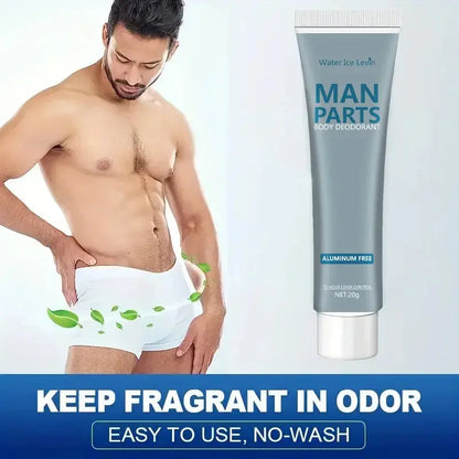 Aluminum-free body deodorant cream tube next to man applying to underarm area