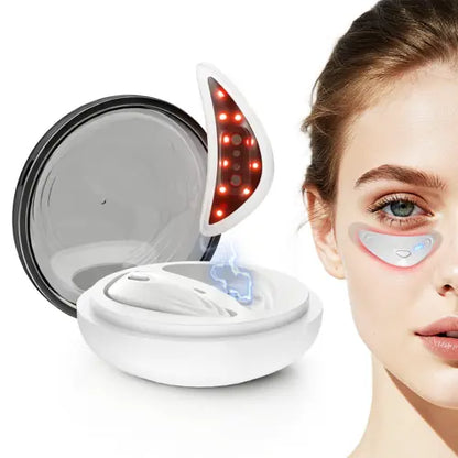 Eye therapy device with red LED pad, microcurrent-style display shown near the eye
