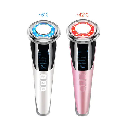 Anti-ageing facial massagers in white and pink with illuminated heating ring