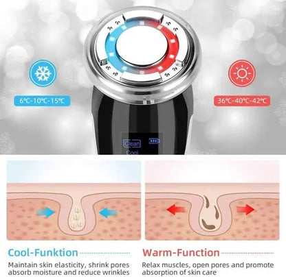 Anti-ageing massager head close-up with blue and red temperature lights