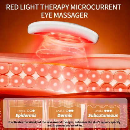 Red LED eye massager device with illuminated LED array and microcurrent glow