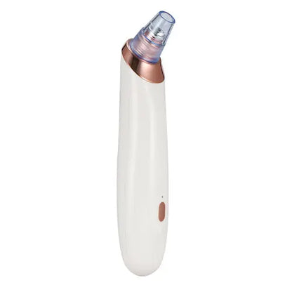 Clarity blackhead extractor, white handheld device with rose-gold top and clear nozzle