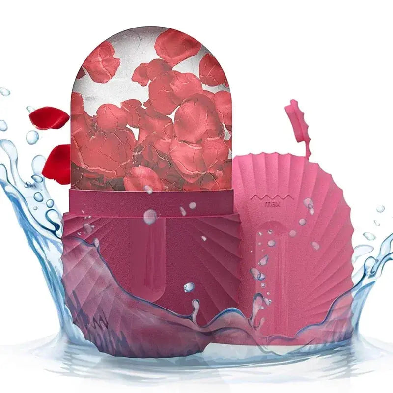 Silicone ice facial roller with pink silicone body and red petal ice dome