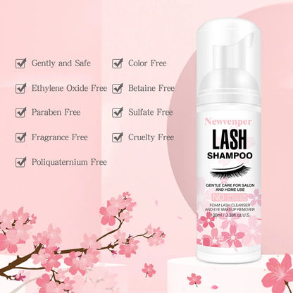 Lash shampoo bottle with flower design and free-from icons