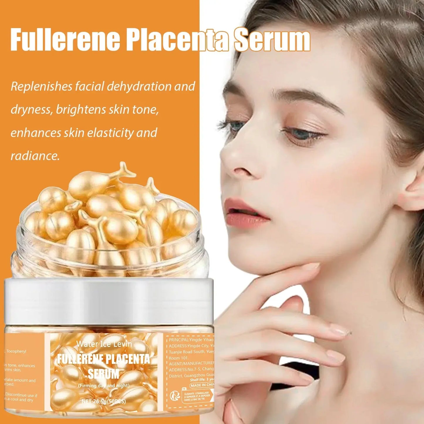 Fullerene placenta serum jar with gold capsule graphic, white cap and amber side panel
