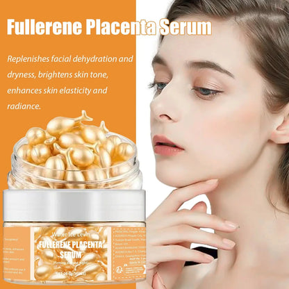 Fullerene placenta serum jar with gold capsule graphic, white cap and amber side panel