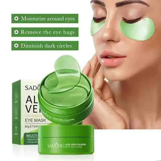 Aloe vera collagen eye mask set with two green under-eye patches and jar