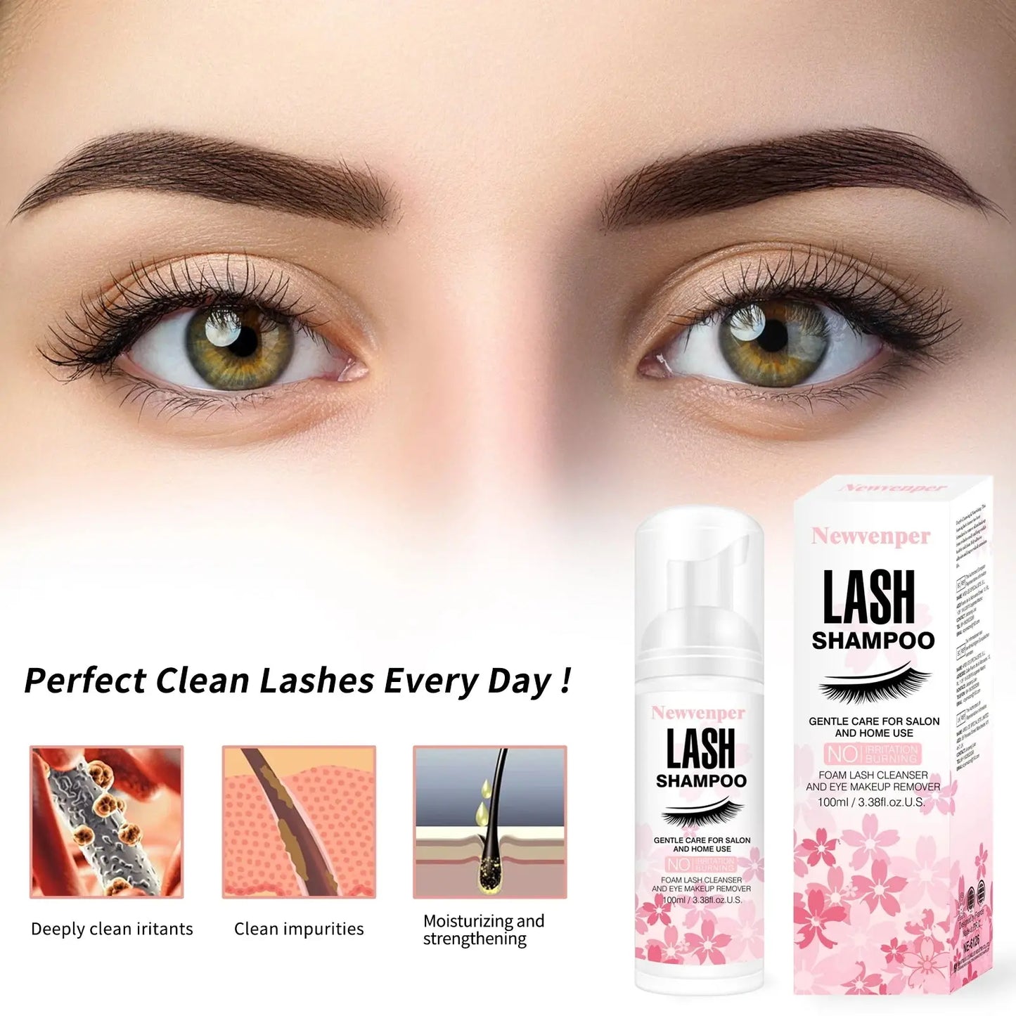 Lash shampoo bottle and carton for gentle eyelash cleansing