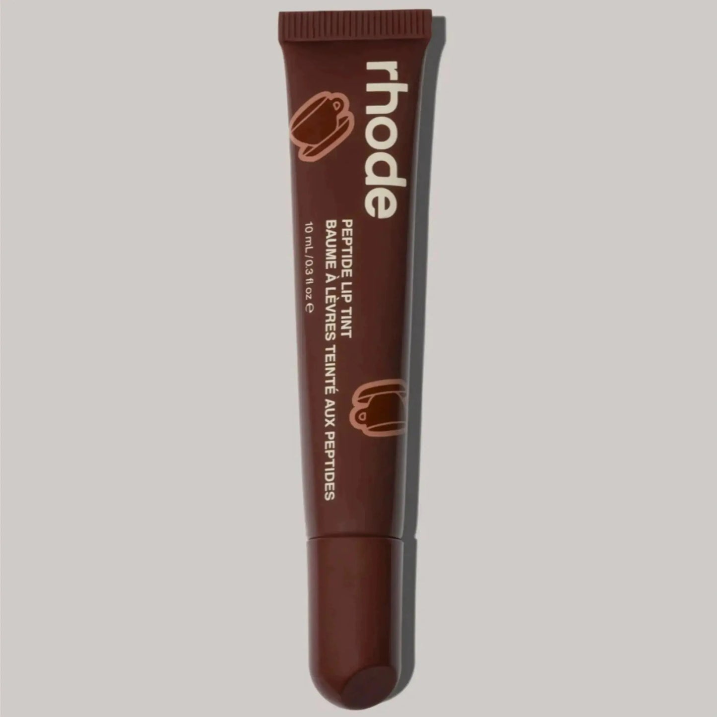 Lip gloss tube, chocolate-brown shade with ribbed cap and rounded squeeze tip
