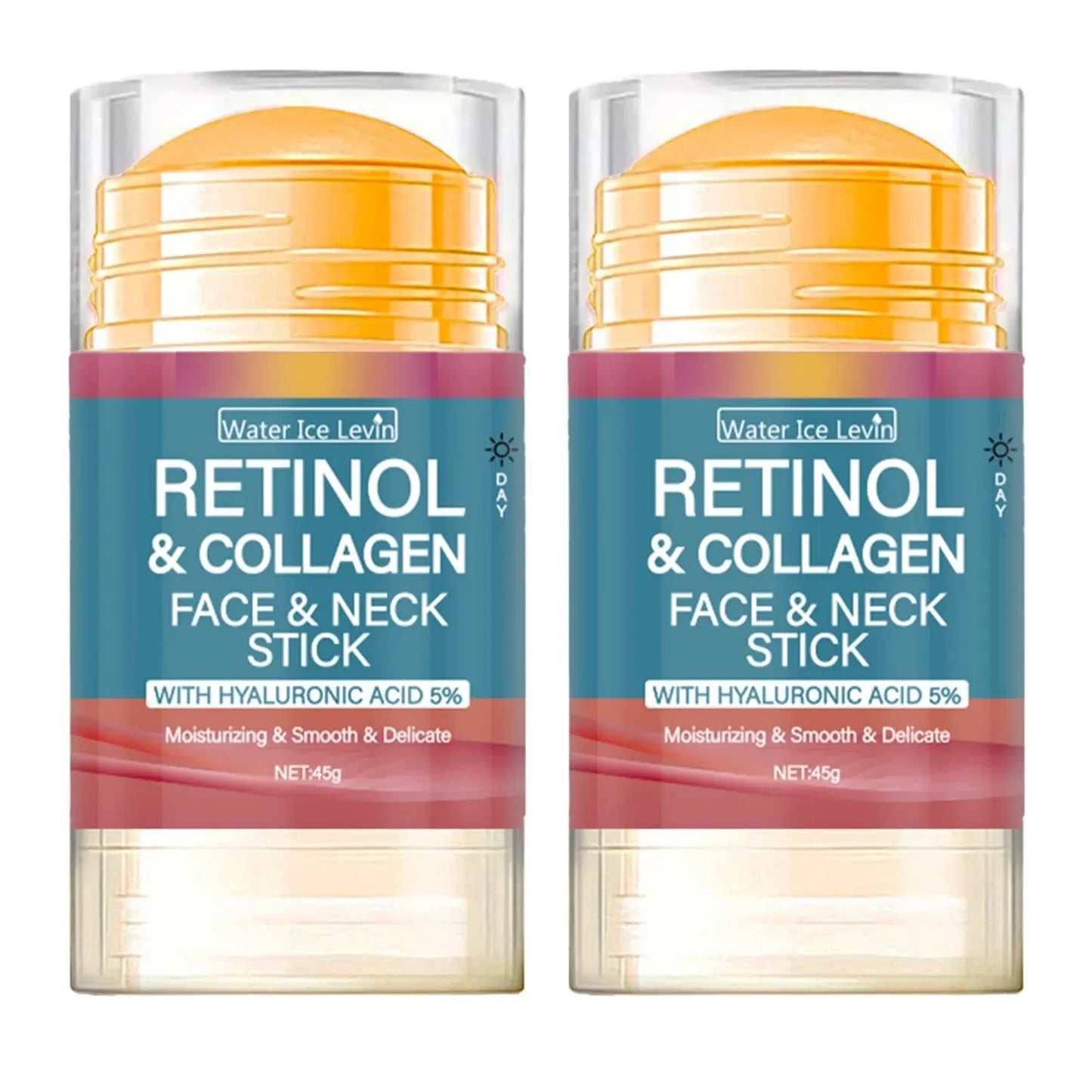 Two Retinol & Collagen face and neck sticks, gold caps, teal and maroon labels, clear bases.
