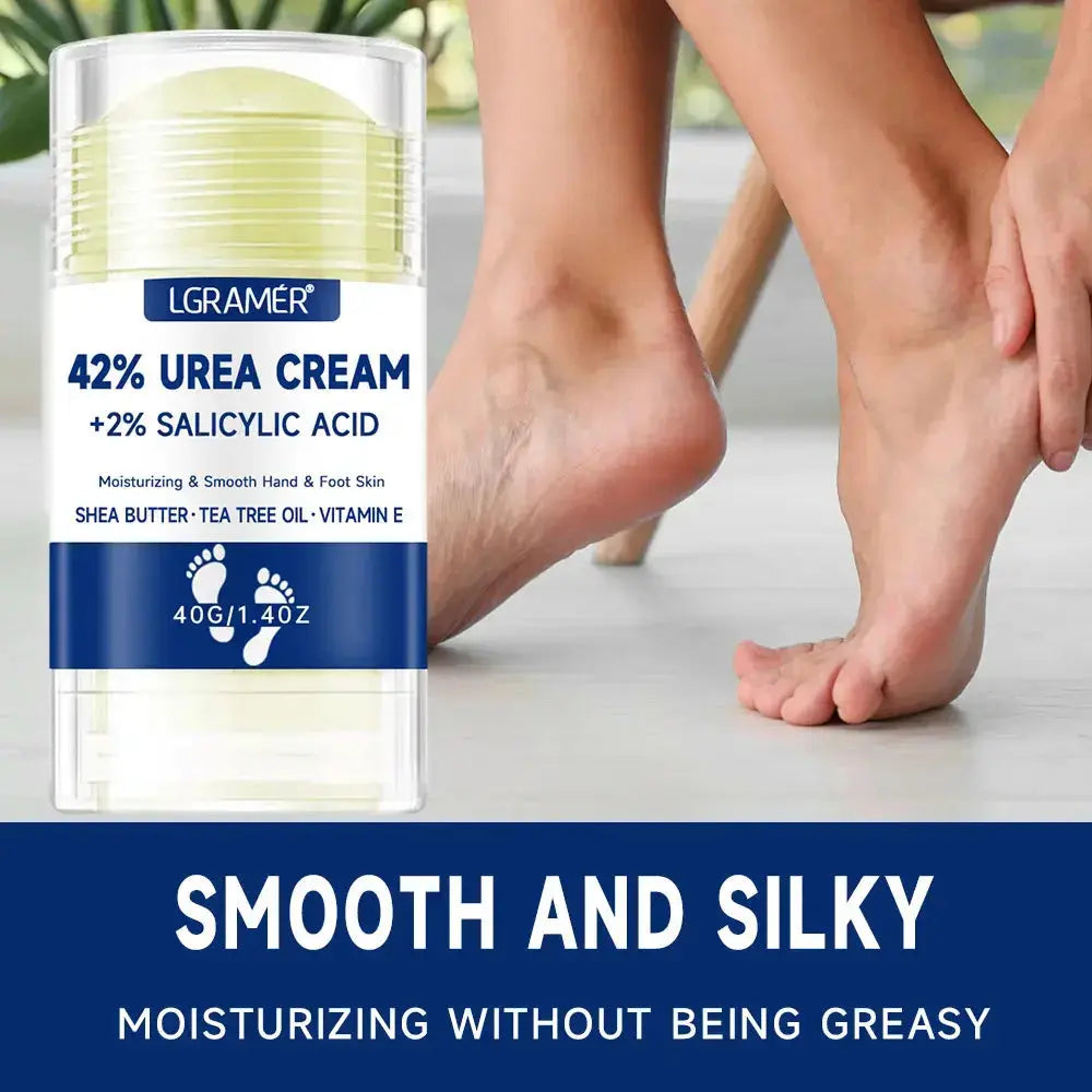 LGRAMER 42% urea cream jar with 2% salicylic acid near bare feet