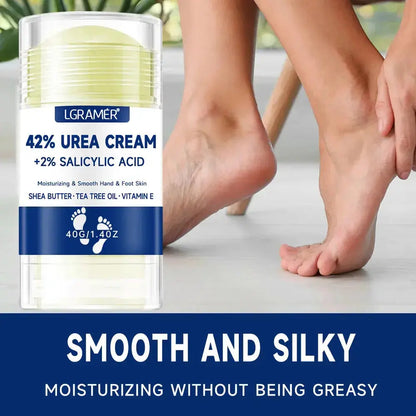 LGRAMER 42% urea cream jar with 2% salicylic acid near bare feet