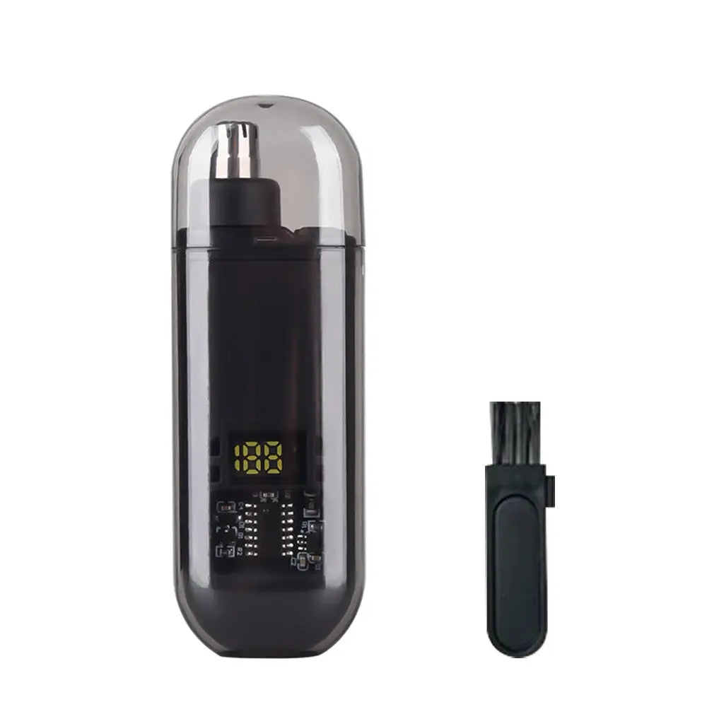Mini electric nose hair trimmer, black, with protective cap and small cleaning brush