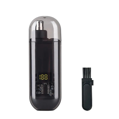 Mini electric nose hair trimmer, black, with protective cap and small cleaning brush