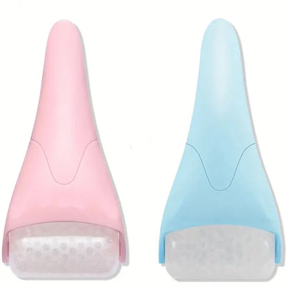 Two-piece facial ice roller set with frosty cooling heads in pink and light blue