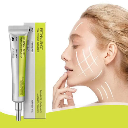 Retinol tightening serum tube with matching box, shown with face grid guide
