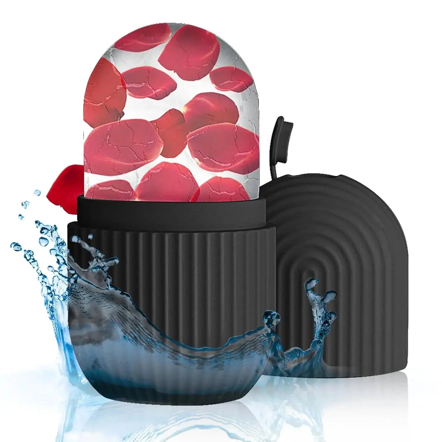 Black silicone face ice cube mold with red ice dome pieces and water splash