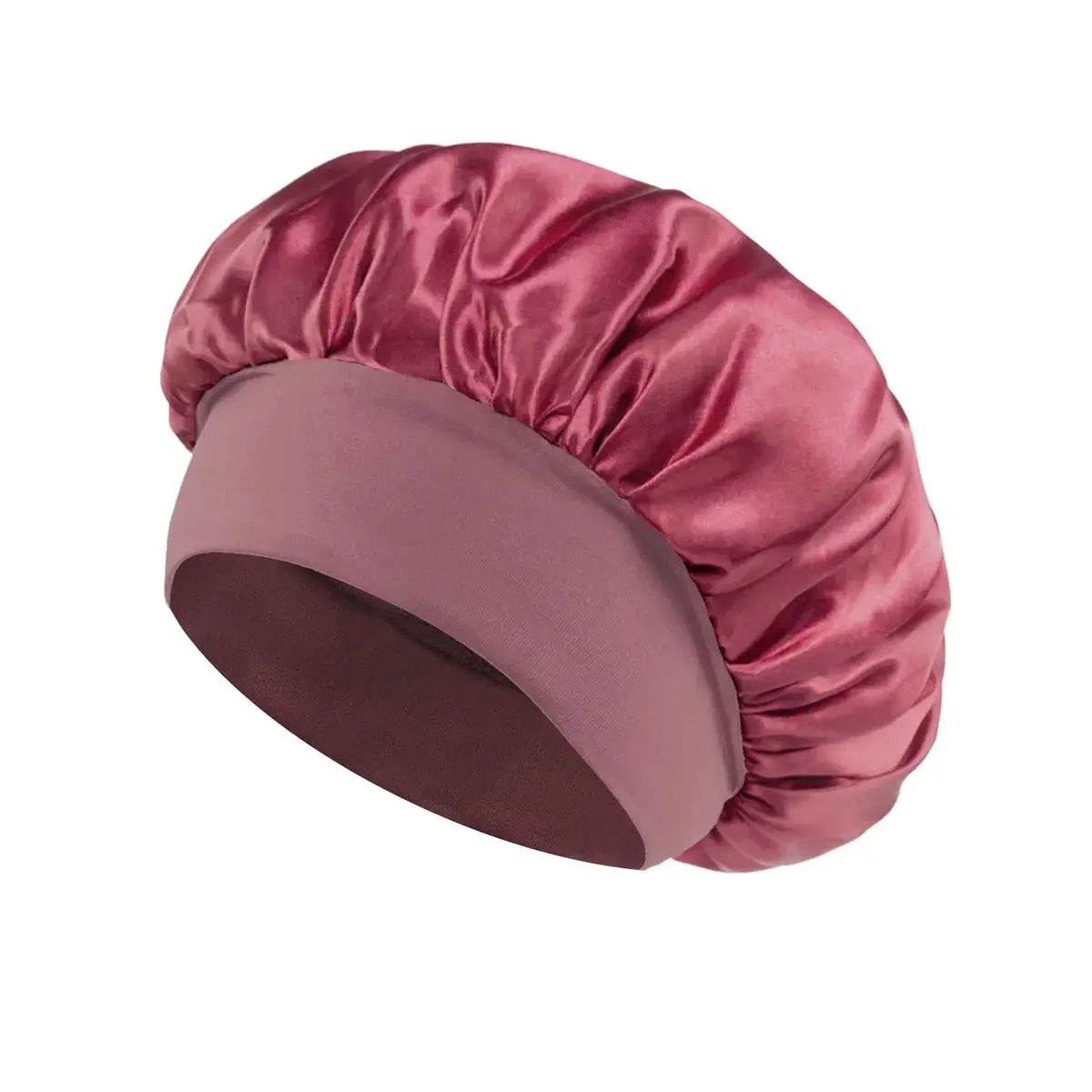 Maroon satin sleep bonnet with wide brim and gathered crown