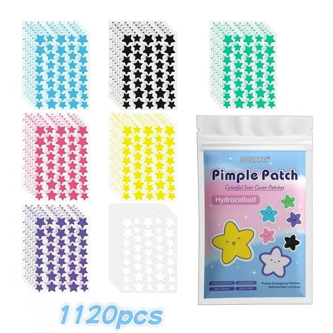 Hydrocolloid star pimple patch set, 1120-count multi-color star cover dots