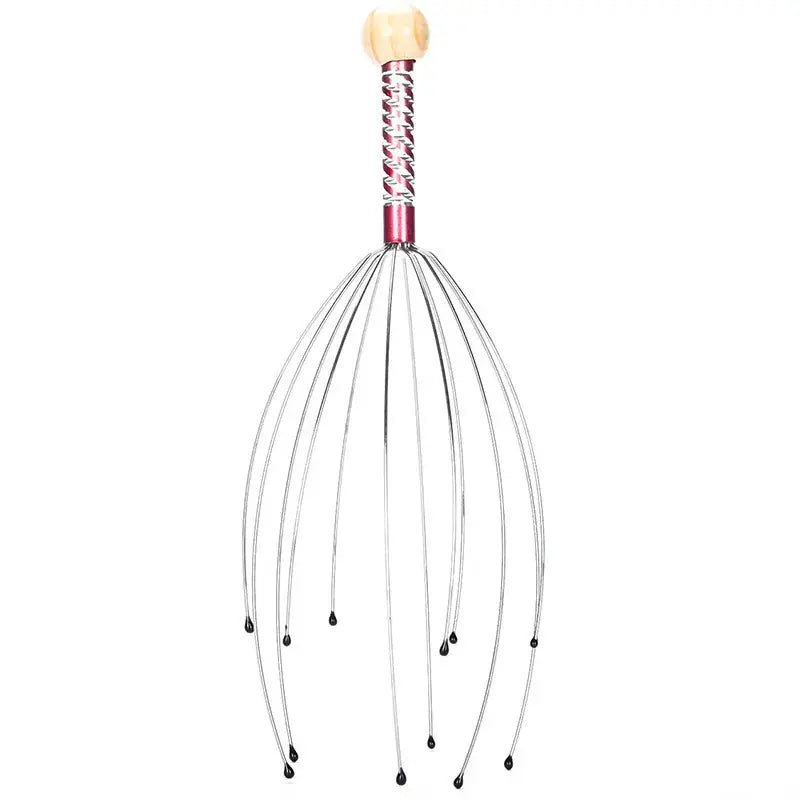 Octopus-style scalp massager with wire tentacles and red spiral handle, wood top knob