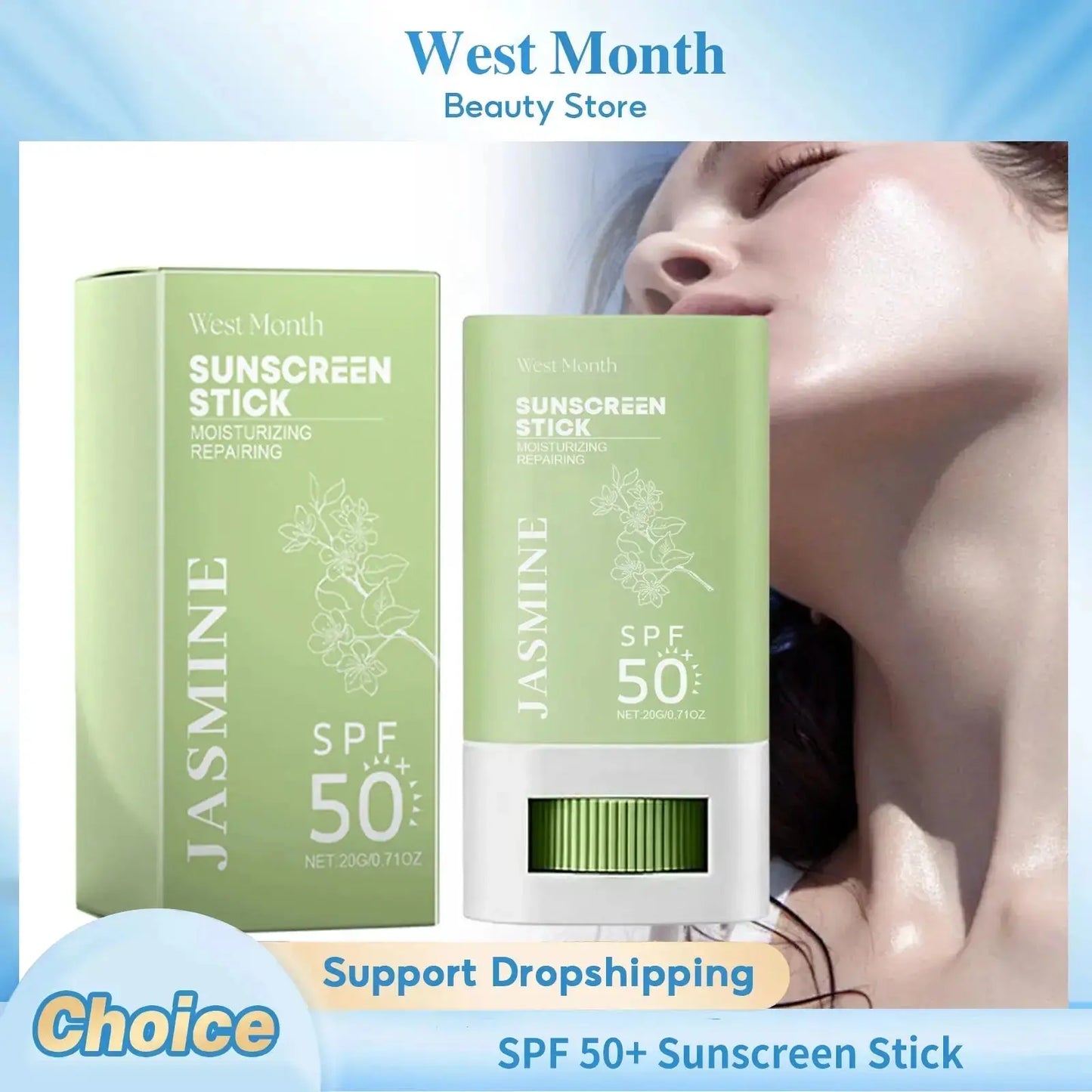 Jasmine SPF 50+ sunscreen stick boxes with model close-up wearing protective coverage