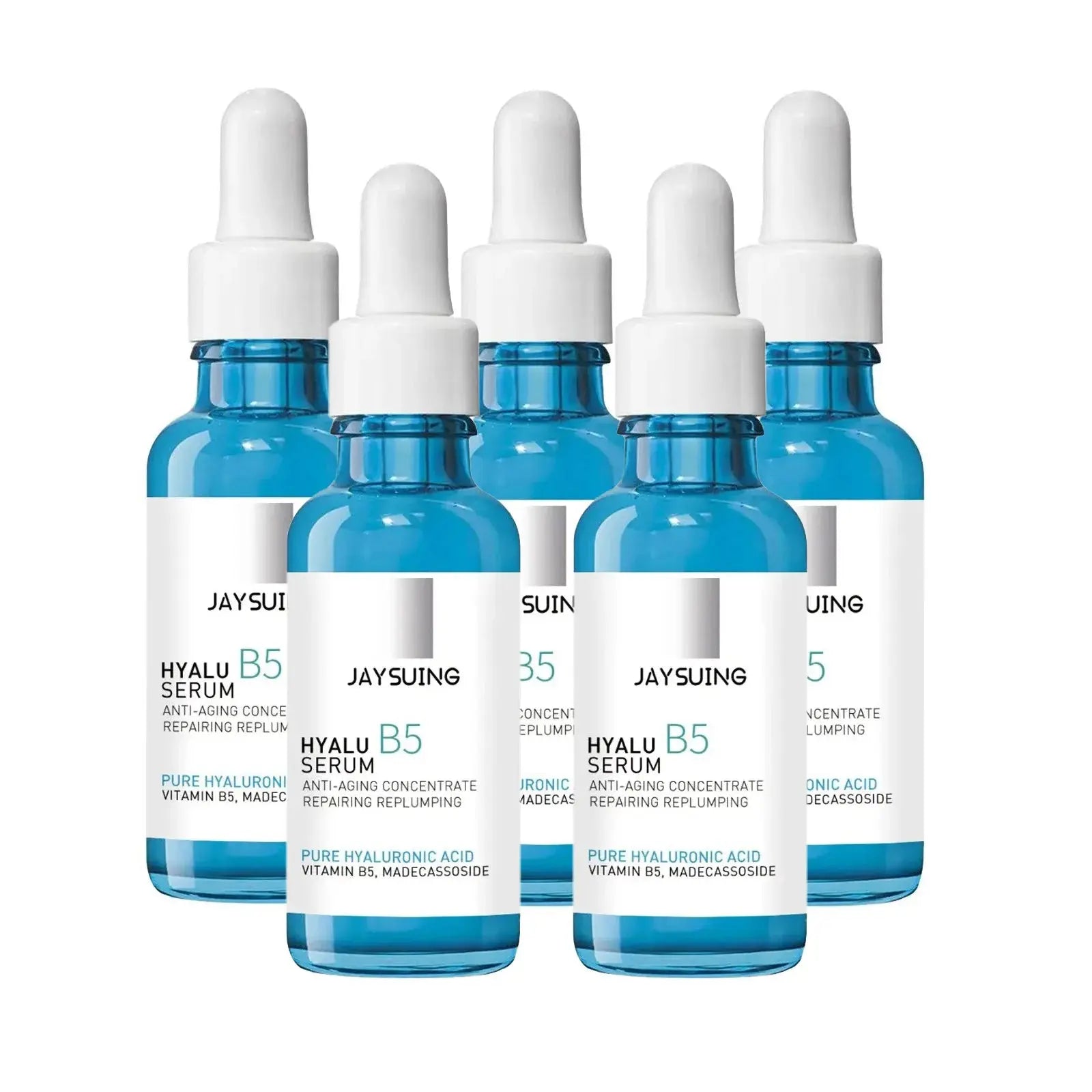 Five hyaluronic acid facial serum bottles with white dropper caps and blue glass bodies